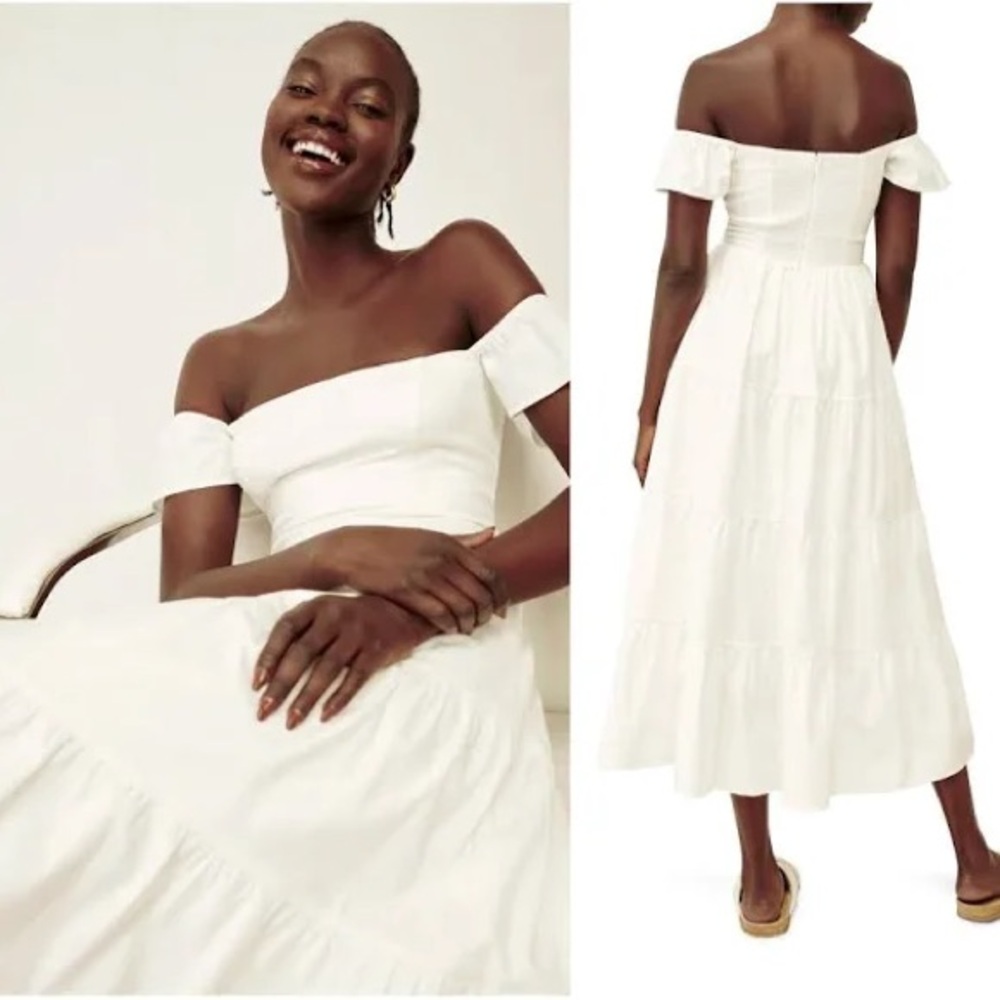 Reformation Derek Off the Shoulder Tiered Midi Dress Elegant White